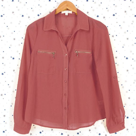 Zipper Pocket Button Up Blouse Top Mauve - Picture 1 of 9